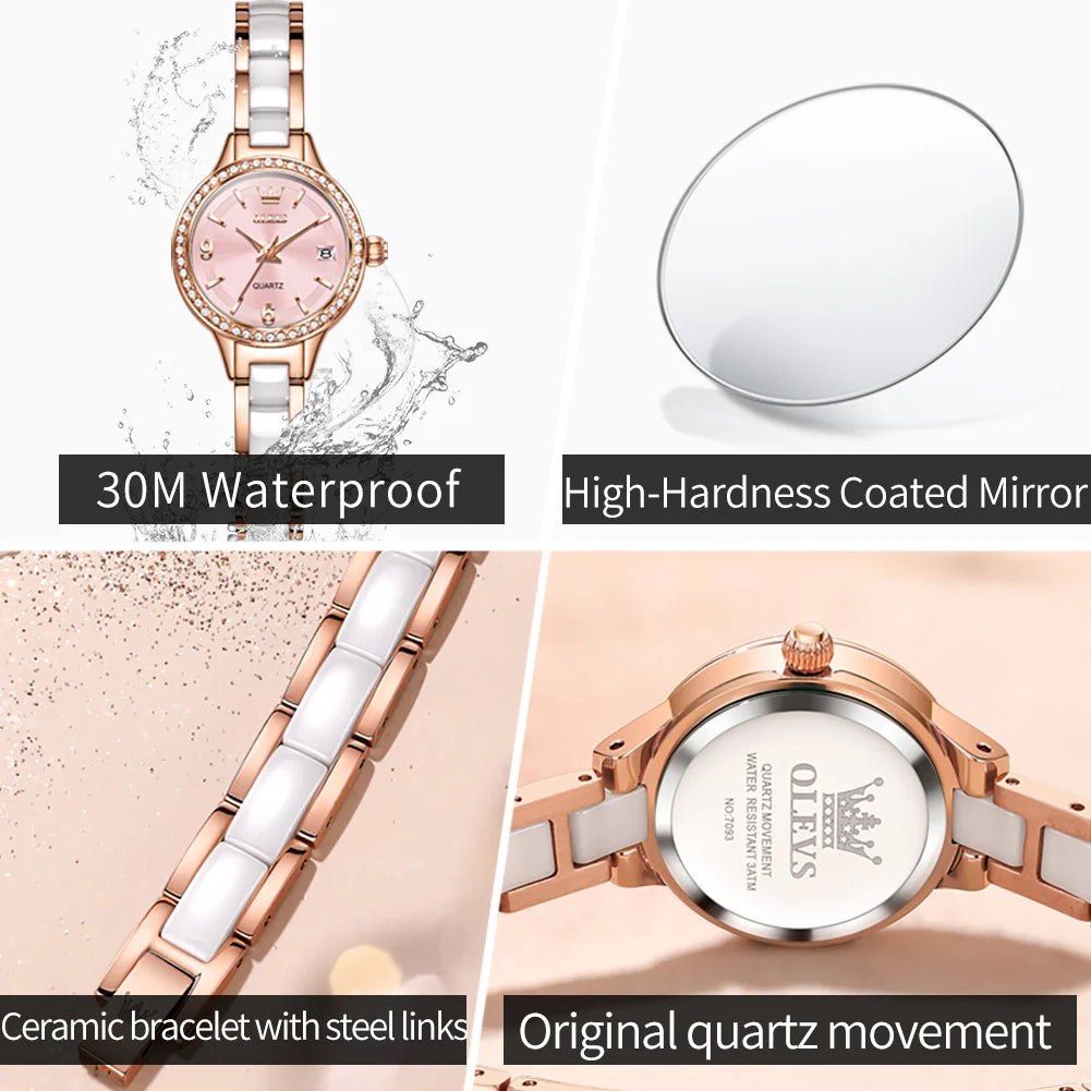 OLEVS 7093 Ladies Watch High Quality Elegant Original Quartz Wristwatch Waterproof Luminous Watches For Woman Ceramics Strap