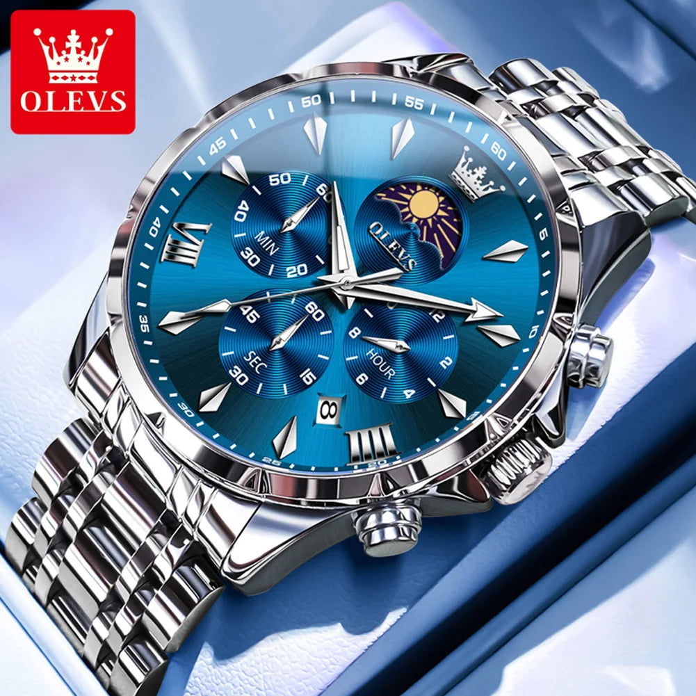 OLEVS 3653 Herrenuhr Original Chronograph Quarz Armbanduhr Stahlband Mondphase Datum Wasserdicht Top Marke Herrenuhr