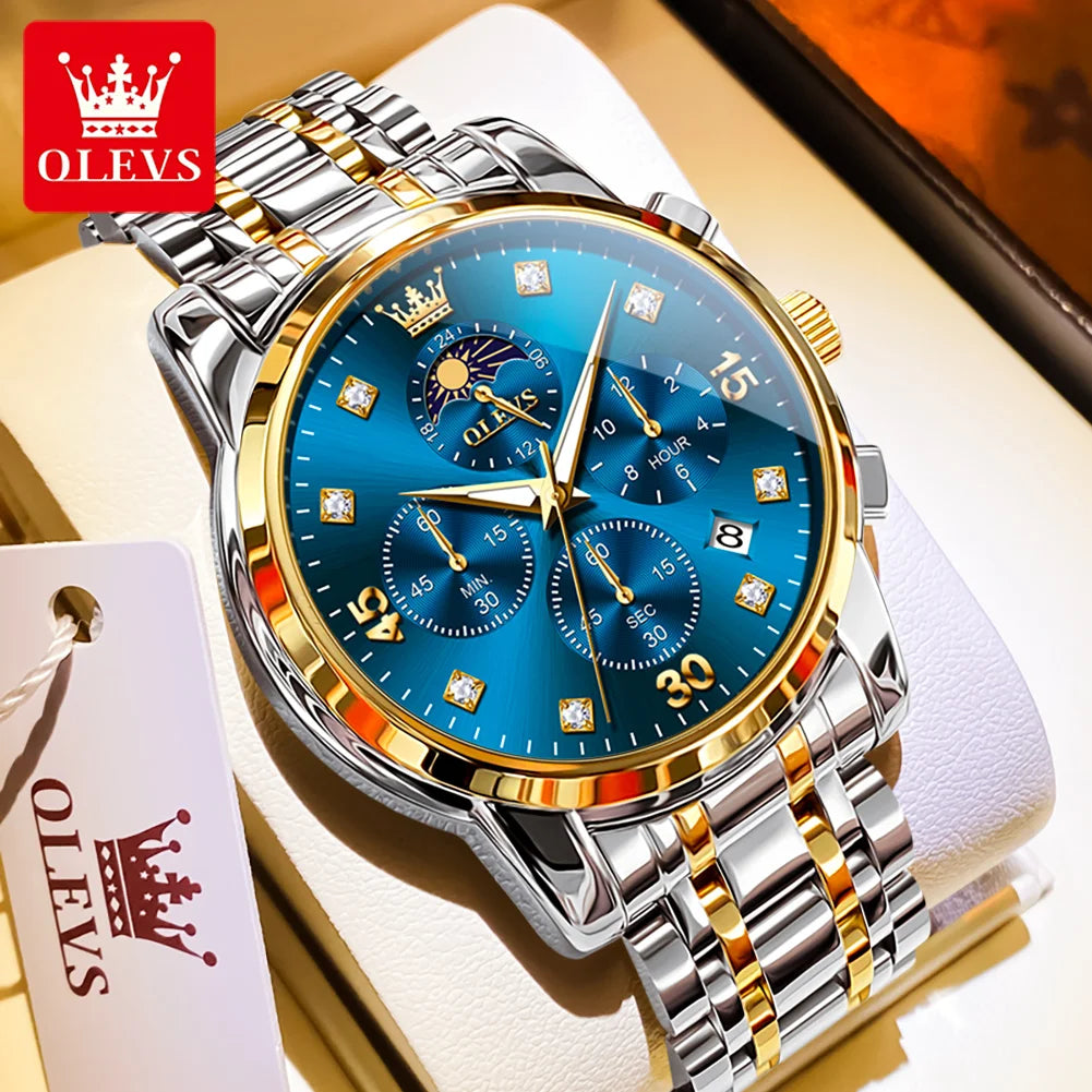 OLEVS 3652 Herrenuhr Ziffernskala Quarzuhr für Herren Chronograph Mondphase Datum Luxus Wasserdicht Leuchtende Herrenarmbanduhr