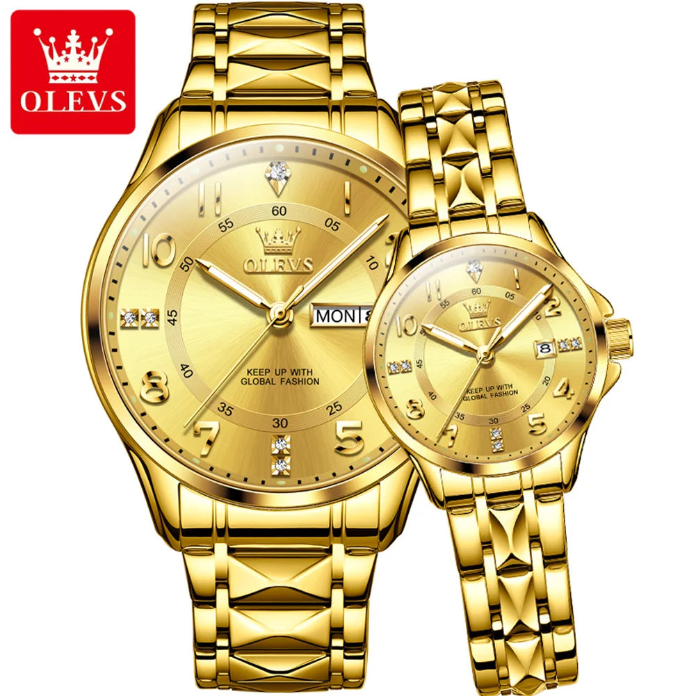 OLEVS 2910 Uhr für Herren und Damen, Luxuriöse Quarz-Paaruhren, Wasserdichte Edelstahl-Armbanduhr mit Diamant-Zifferblatt