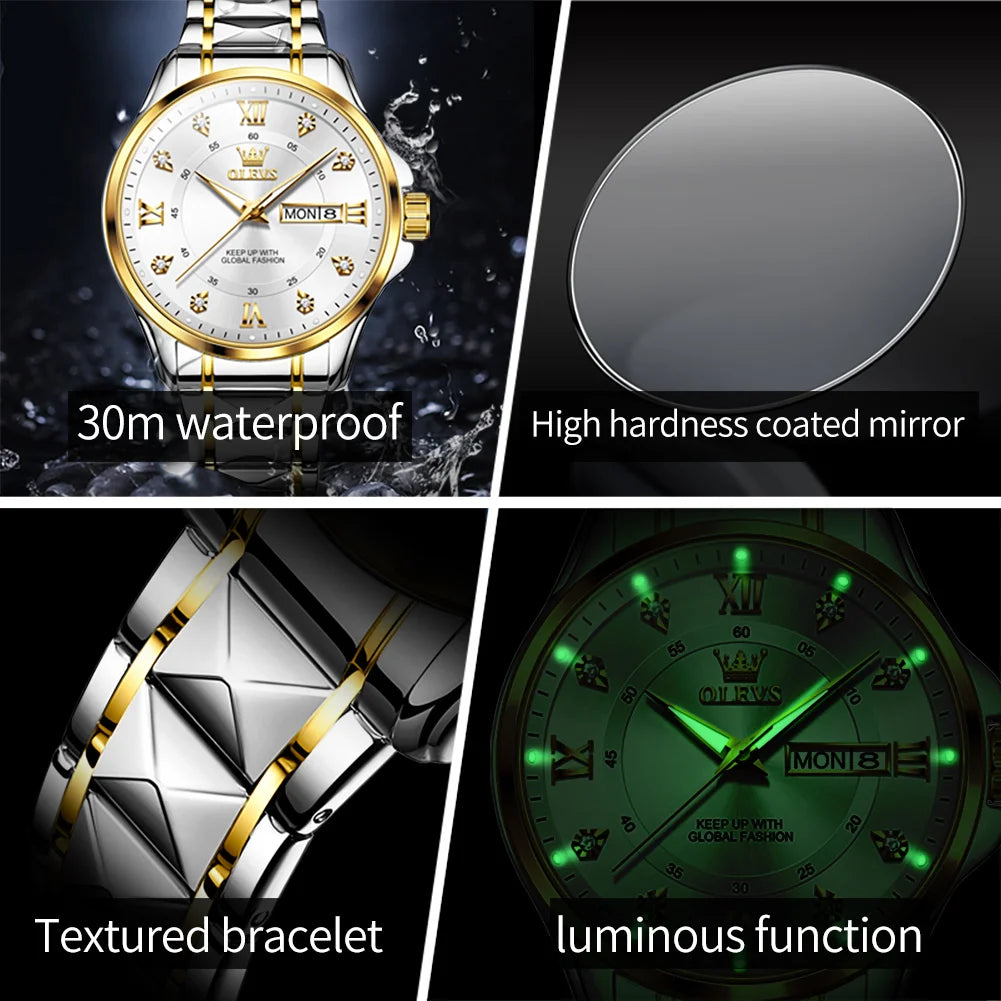 OLEVS 2906 Paar-Armbanduhr Original Römisches Zifferblatt Diamantenbesatz Luxus Quarz Uhr Für Herren Damen Rhombus Armband Wasserdicht Zeigeruhr