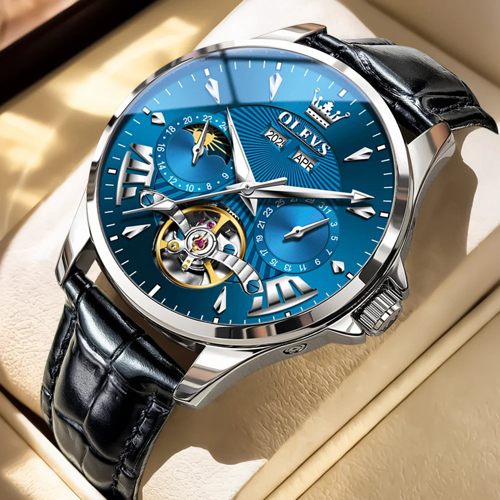 OLEVS 7103 Men's Watch Flywheel Automatic Mechanical Wristwatch Waterproof Perpetual Calendar Moon Phase Watches For Men Classic