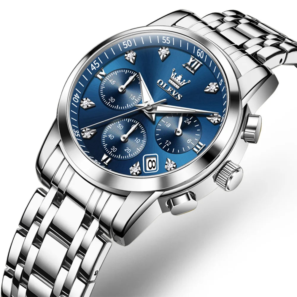 OLEVS 2858 Damenuhr Luxus Wasserdichte Datumsquarzuhr für Damen Diamantskala Chronograph Business Handuhr Stahlarmband