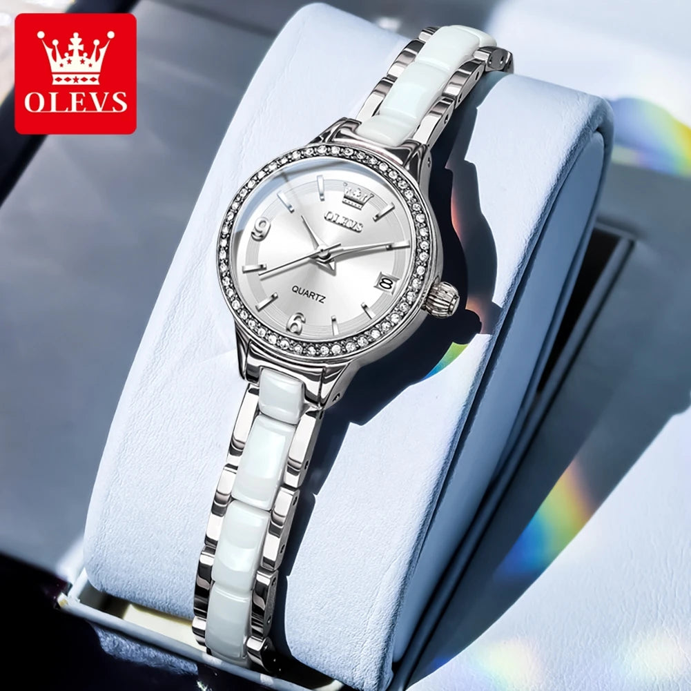OLEVS 7093 Ladies Watch High Quality Elegant Original Quartz Wristwatch Waterproof Luminous Watches For Woman Ceramics Strap