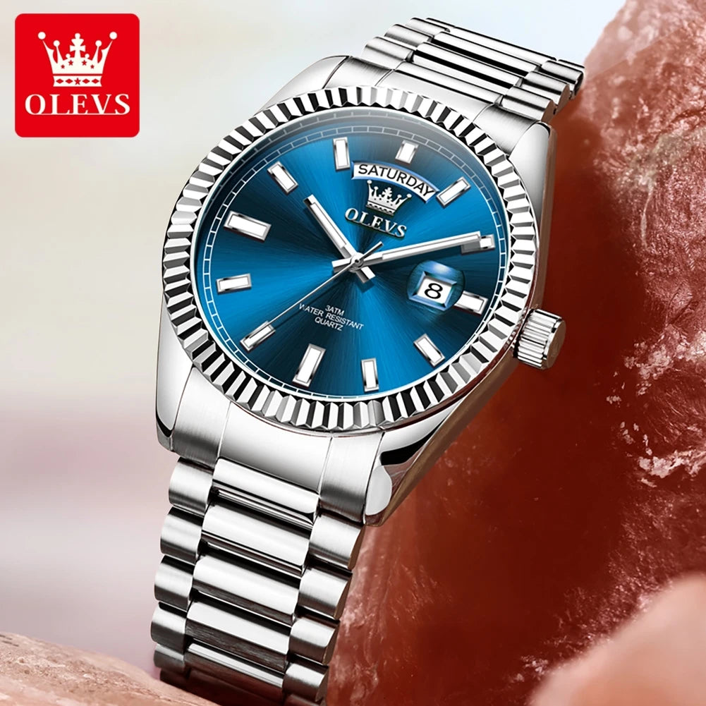 OLEVS 5650 Watches For Man Original Chronograph Date Quartz Watch Steel Strap Waterproof Luminous Top Brand Mens Watch Gifts