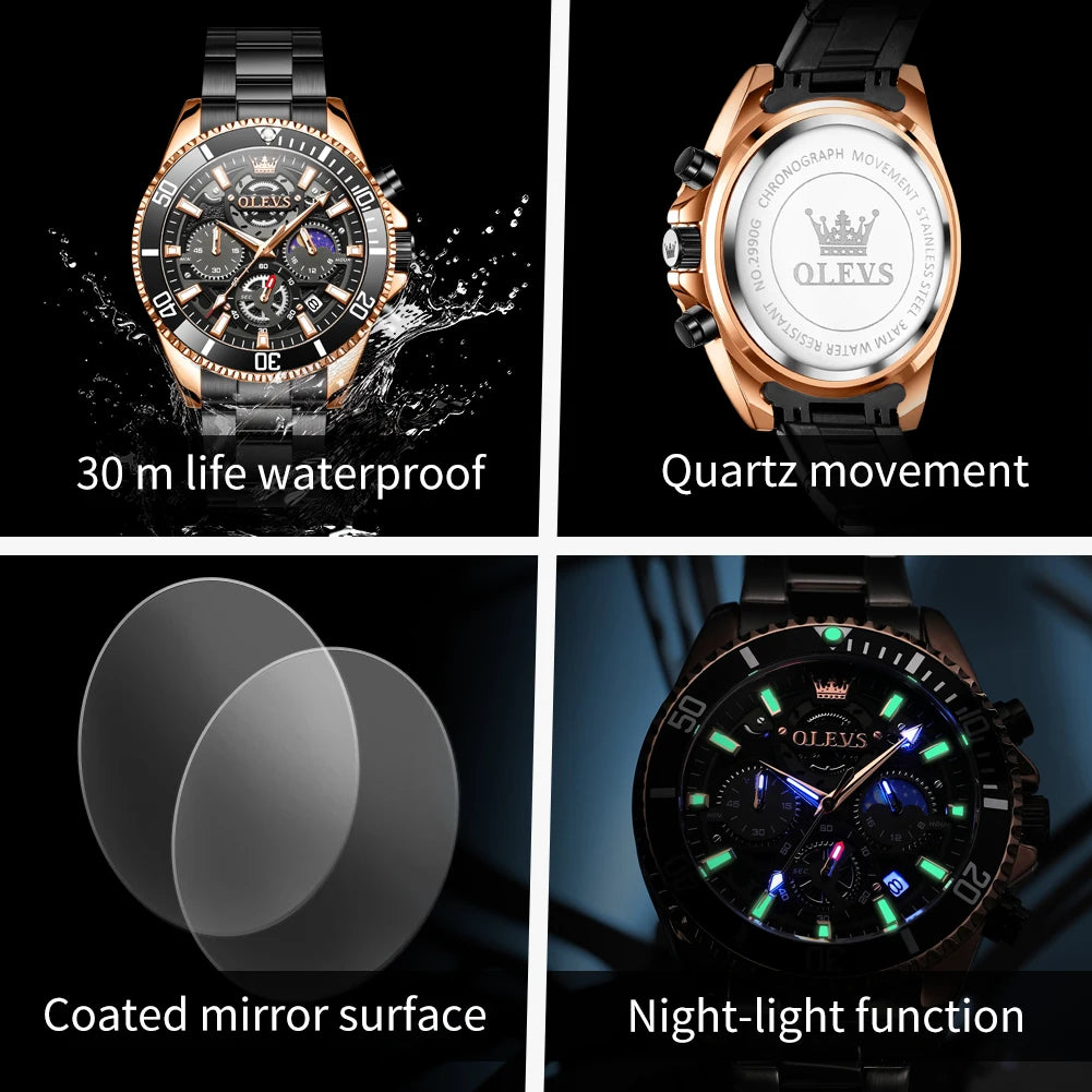 OLEVS 2990 Neue Taucheruhr Quarz Herrenuhr Chronograph Mondphase Wasserdicht Leuchtende Edelstahlarmband Sportuhren für Herren