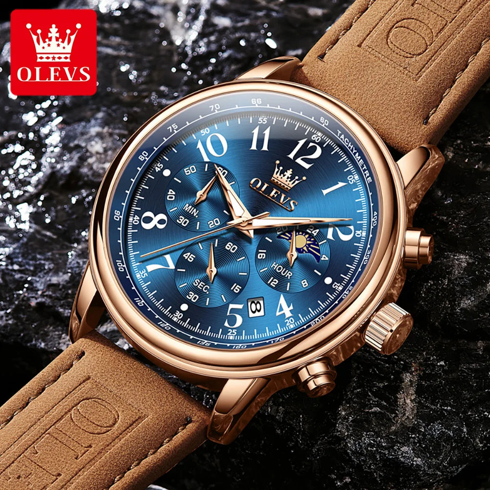 OLEVS 2912 Sport Chronograph Quarz-Uhr für Herren Mondphase Ziffer 43mm Großes Zifferblatt Herrenuhren Wasserdicht Original Armbanduhr