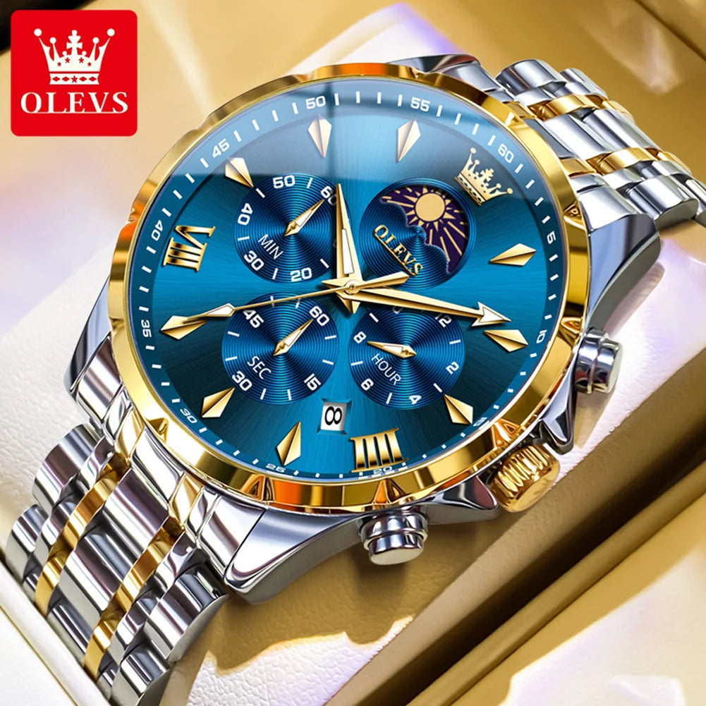 OLEVS 3653 Herrenuhr Original Chronograph Quarz Armbanduhr Stahlband Mondphase Datum Wasserdicht Top Marke Herrenuhr