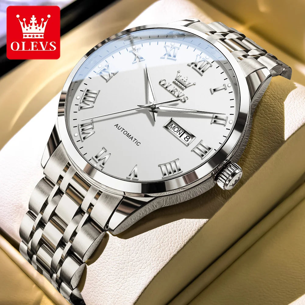 OLEVS 7060 Mens Watches Stainless Steel Original Luxury Automatic Mechanical Watches Waterproof Luminous Watches For Man Gifts