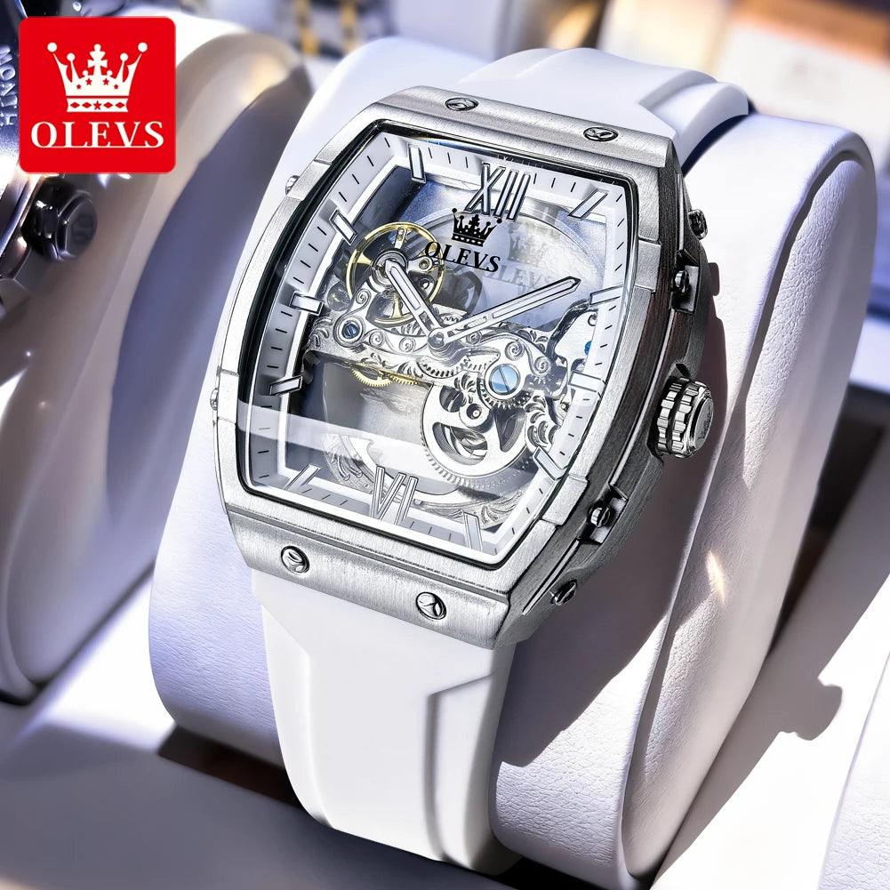 OLEVS 6779 Erkek Kol Saati İskelet Lüks Tonneau Mekanik Saatler Erkekler İçin Su Geçirmez Silikon Kayış Otomatik El Saati Hediye Kutusu
