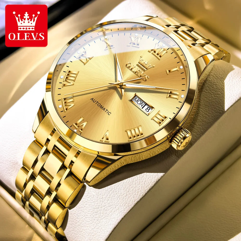 OLEVS 7060 Mens Watches Stainless Steel Original Luxury Automatic Mechanical Watches Waterproof Luminous Watches For Man Gifts