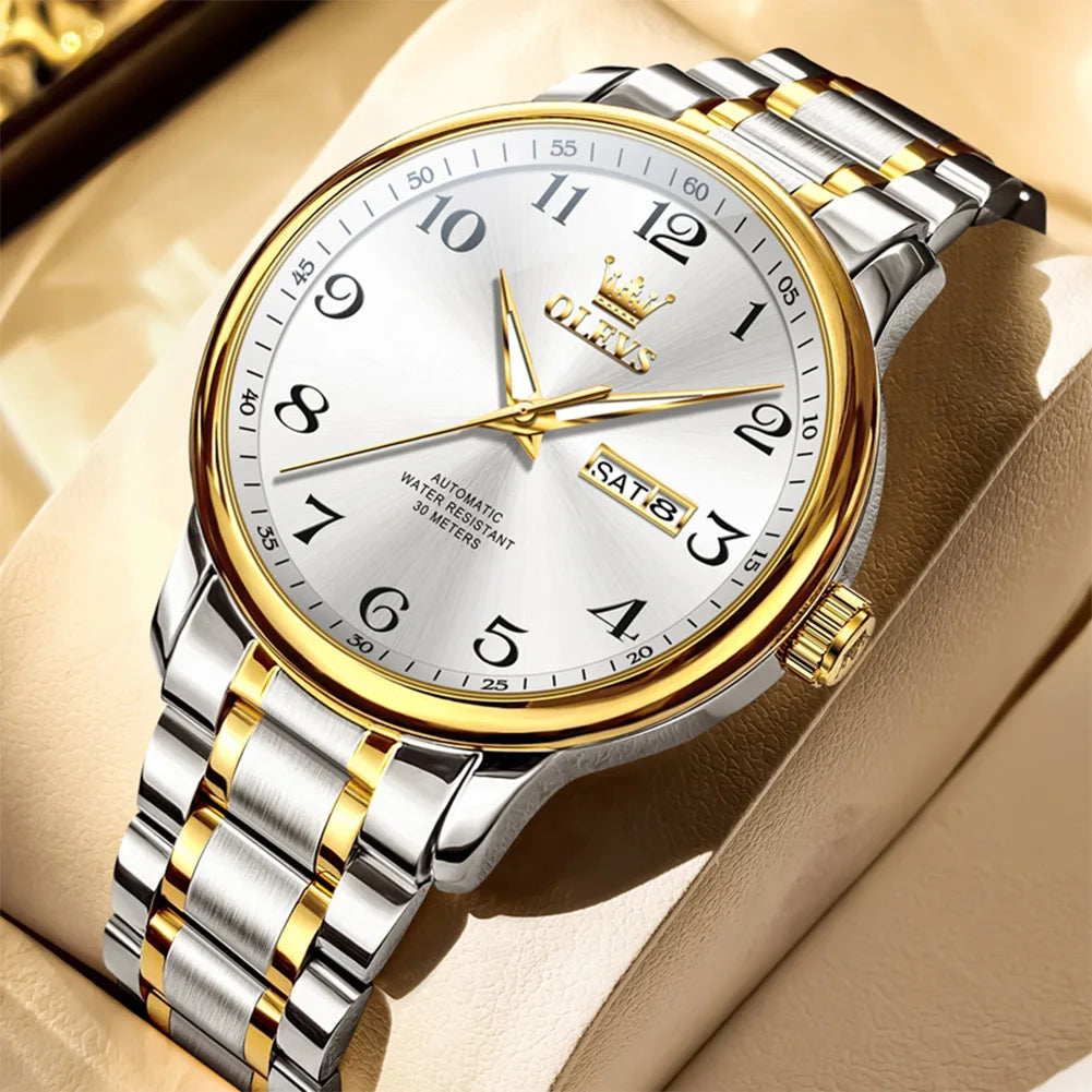 OLEVS 7072 Mens Watch Fashion Original Mechanical Watches For Men Dual Calendar Waterproof Business Automatic Hand Clock