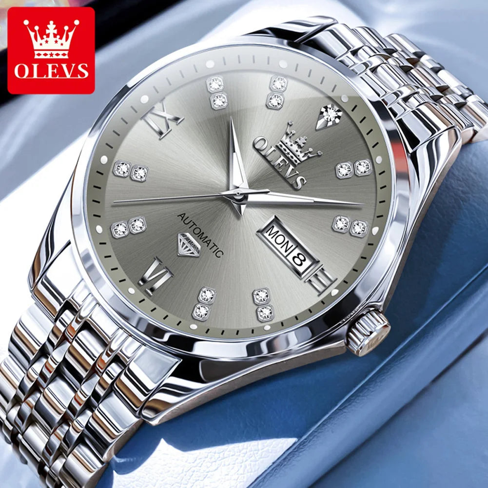OLEVS 9801 Men Watch Waterproof Dual Calendar Luxury Mechanical Watch For Men Diamond Scale Stainless Steel Automatic Hand Clock