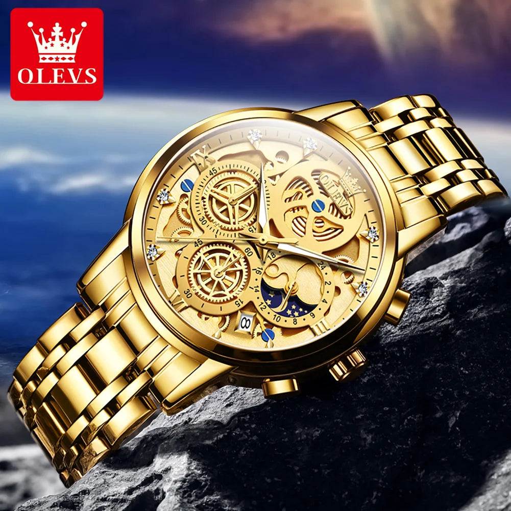 OLEVS 9947 Original Classic Skeleton Quartz Watches For Man Brand Waterproof Stainless Steel Calendar Man Hand Clock Male Watch