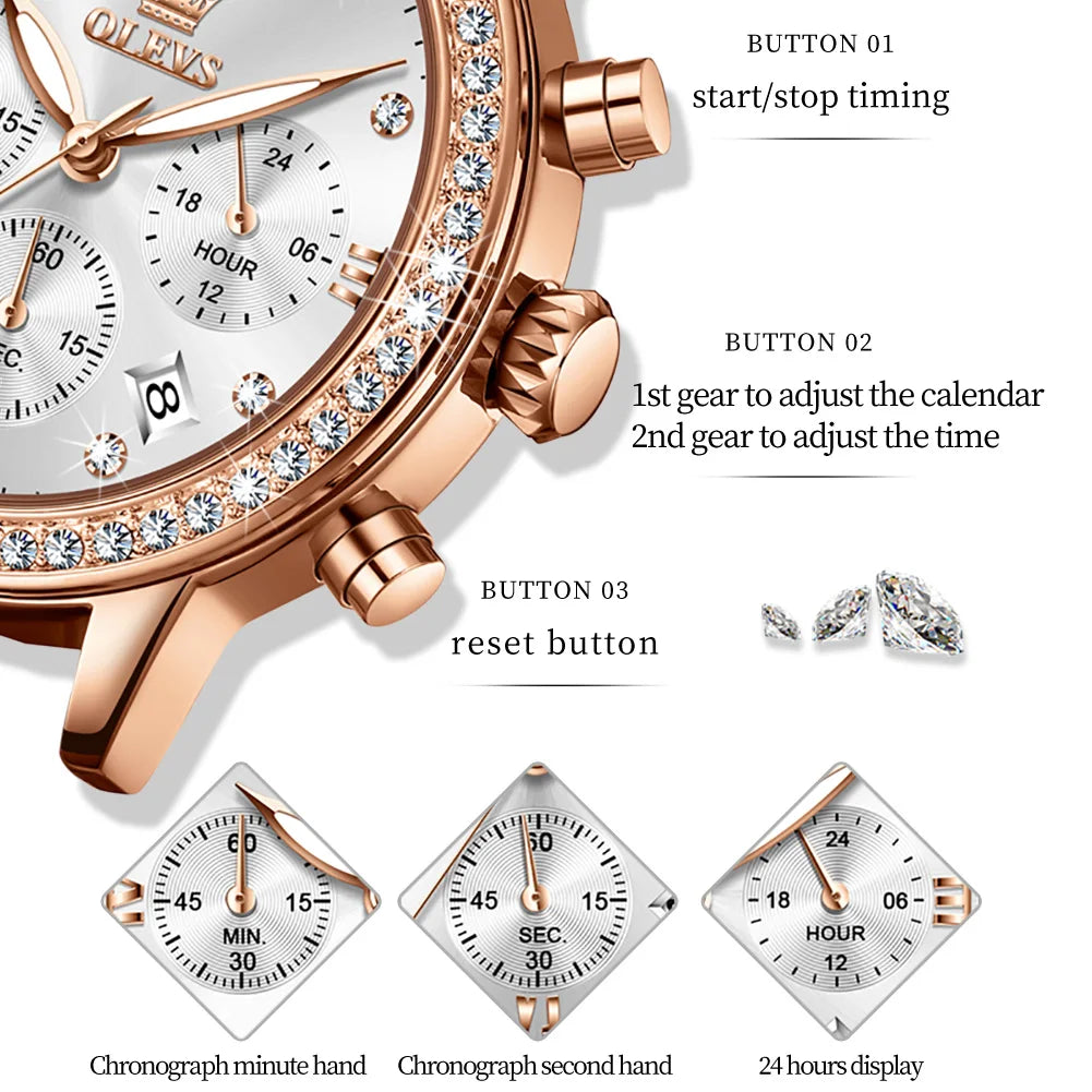OLEVS 9933 Women's Watch Luxury Diamond Quartz Watch For Women Chronograph Calendar Top Brand Wristwatch Waterproof Luminous