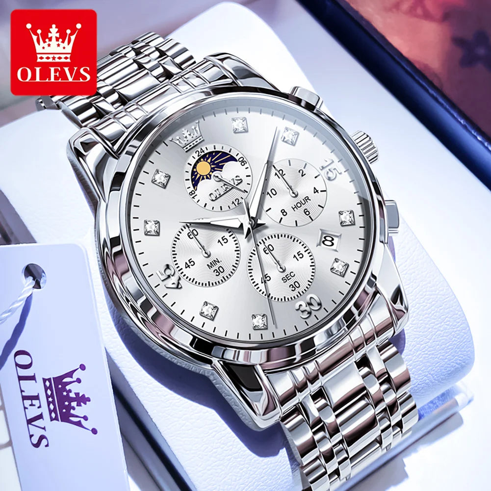 OLEVS 3652 Herrenuhr Ziffernskala Quarzuhr für Herren Chronograph Mondphase Datum Luxus Wasserdicht Leuchtende Herrenarmbanduhr