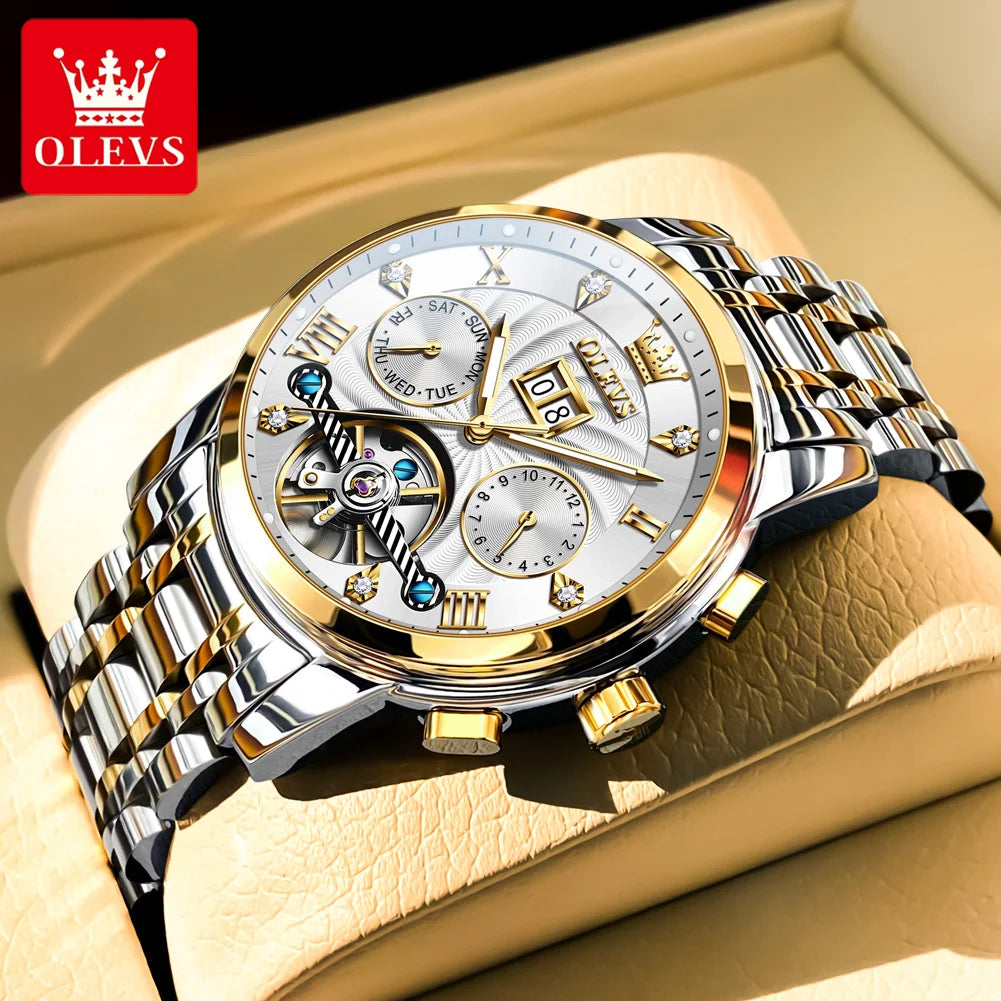 OLEVS 9910 Man Watch Luxury Business Mechanical Watch For Men Hollow Roman Scale Waterproof Luminous Calendar Men's Hand Clock