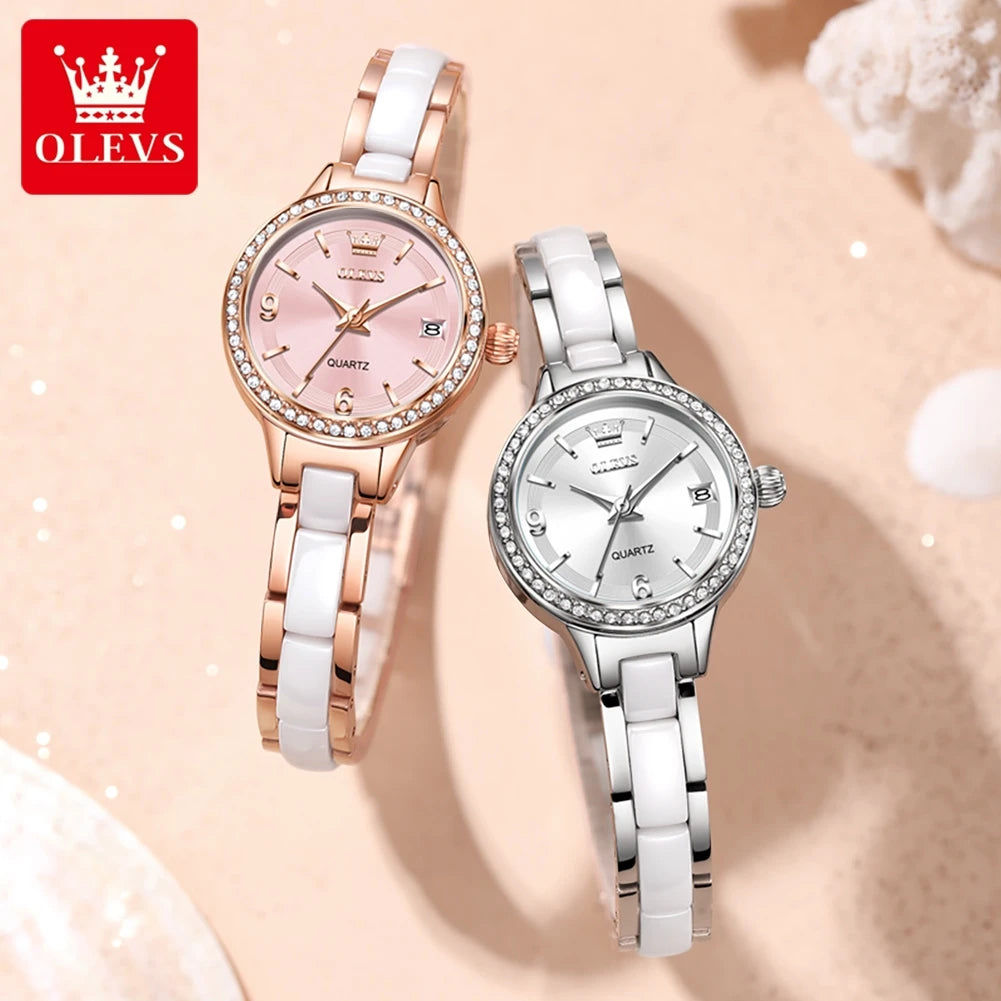 OLEVS 7093 Ladies Watch High Quality Elegant Original Quartz Wristwatch Waterproof Luminous Watches For Woman Ceramics Strap