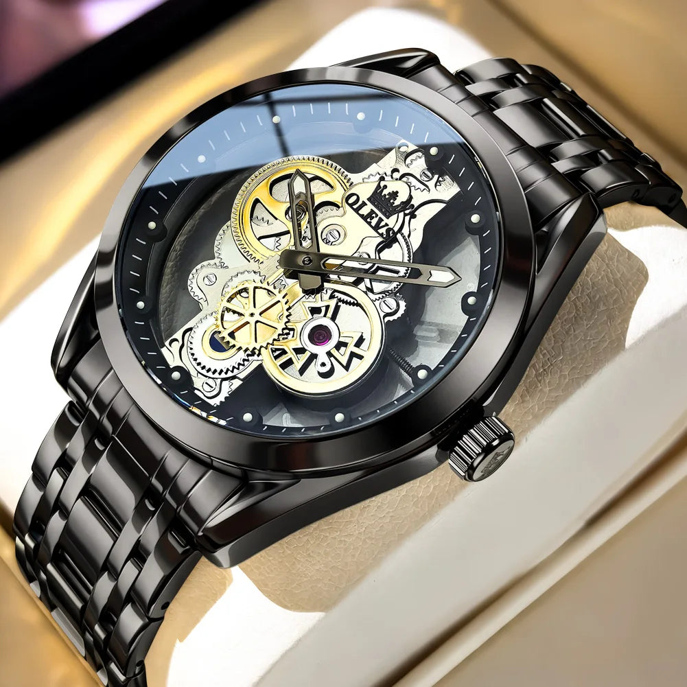 OLEVS 3725 Luxury Man Watches 40mm Big Dial Fashion Business Skeleton Quartz Watch For Men Waterproof Luminous Men Clock