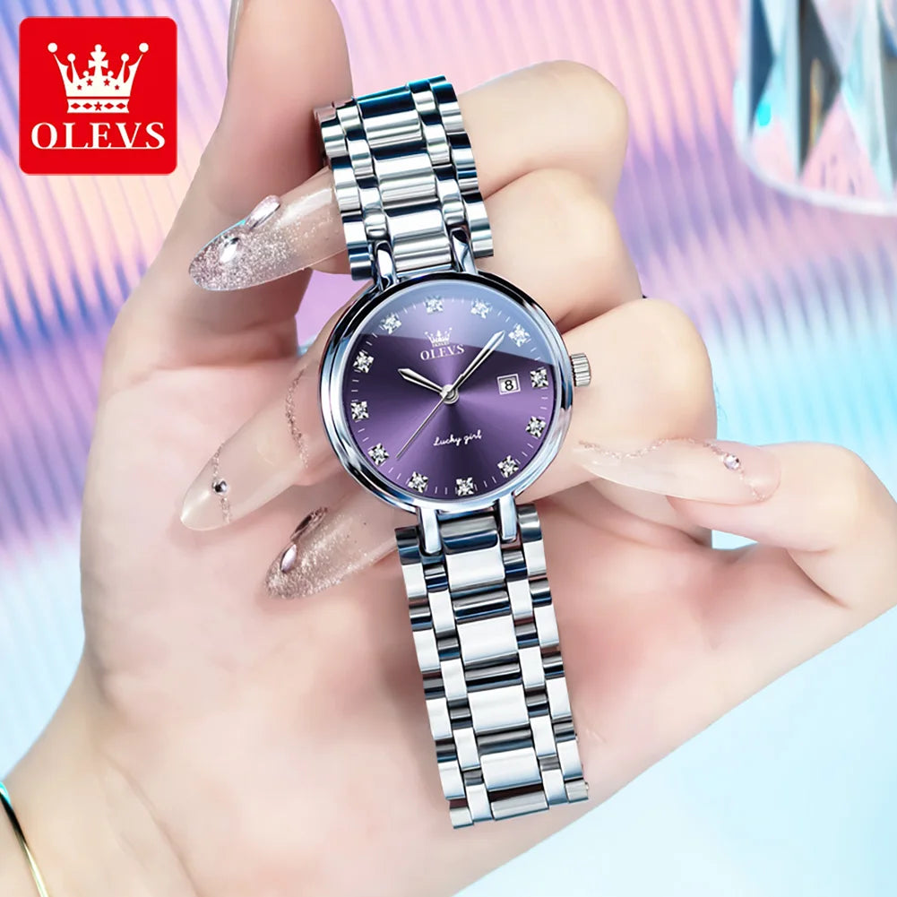 OLEVS 5575 Schlichte Mode-Quarzuhr für Damen mit Kalenderanzeige, Edelstahl, wasserdicht, luxuriöse Damenuhr