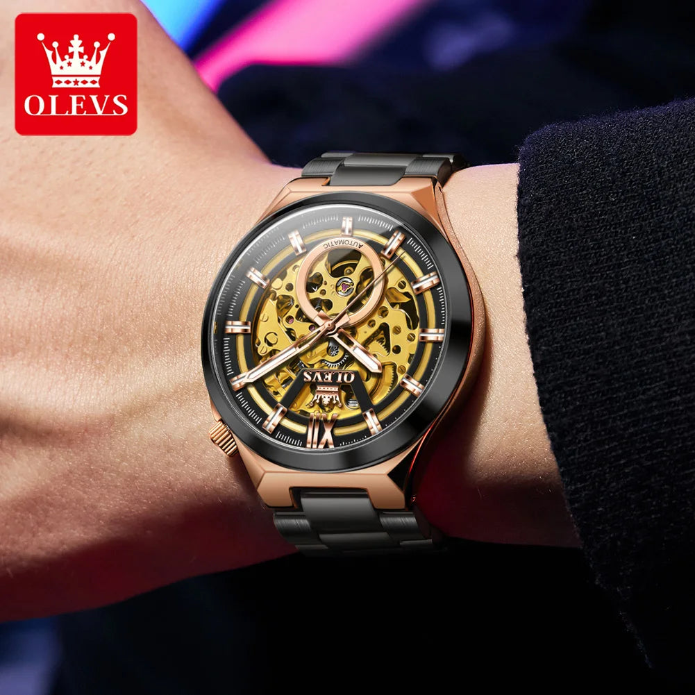 OLEVS 6722 Watch For Men Fashion Original Hollow Automatic Mechanical Hand Clock Top Brand Waterproof Luminous Luxury Man Watch