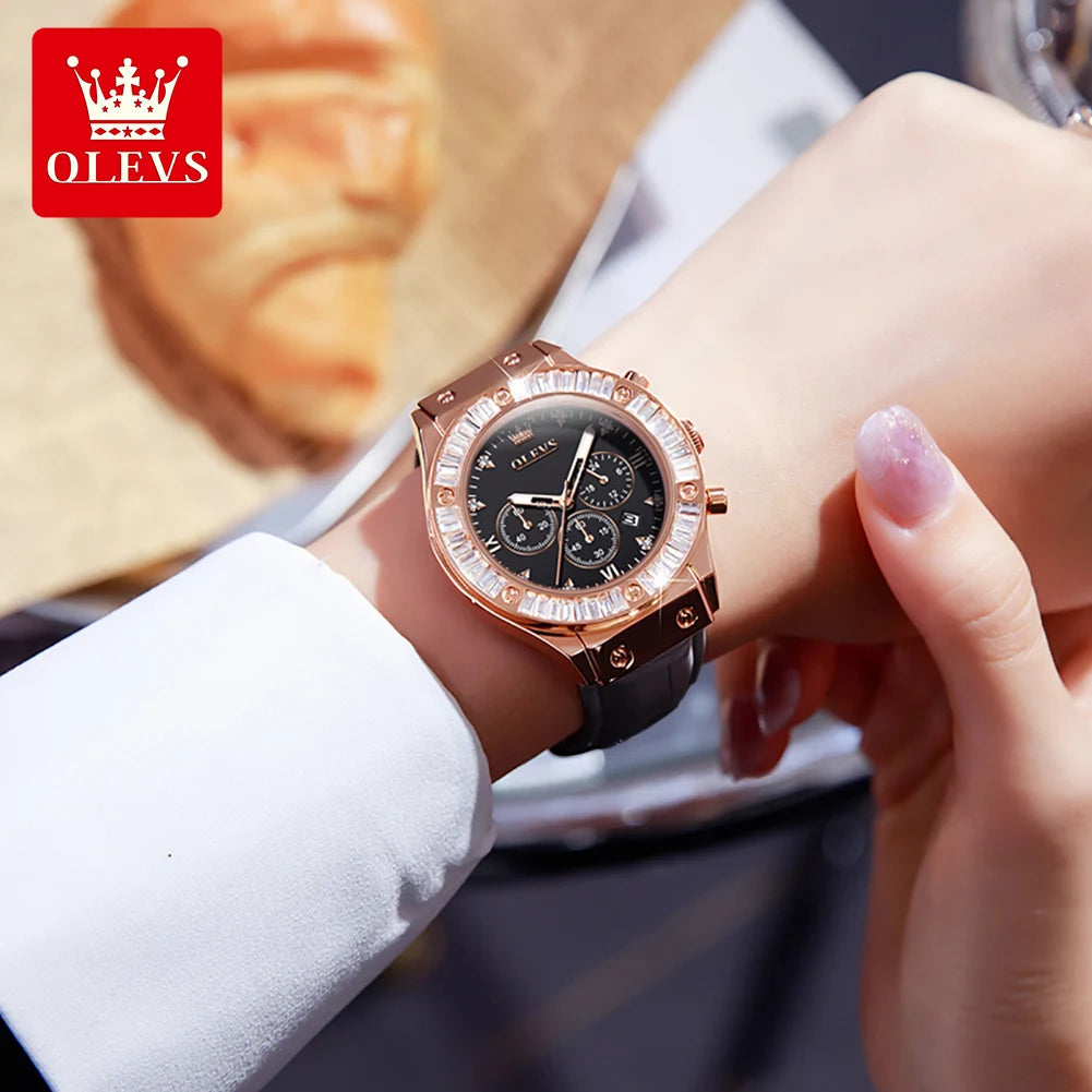 OLEVS 9978 Kadın Saati Çok Fonksiyonlu Kuvars Saat Su Geçirmez Işıklı Deri Kayış Zarif Moda Kadınlara Hediye Saatler