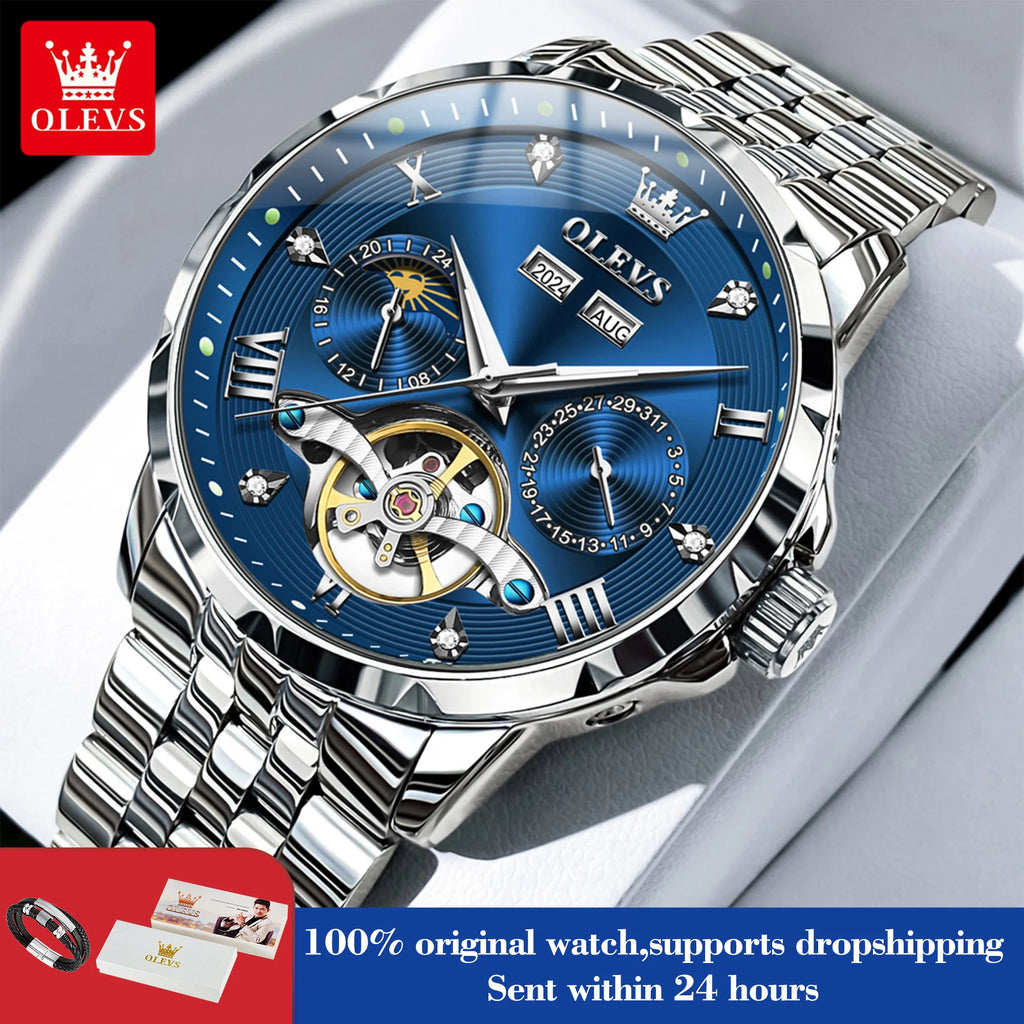 OLEVS 6691 Men's Watches Luxury Roman Scale Mechanical Watch For Men Moonswatch Hollow Flywheel Calendar Waterproof Hand Clock