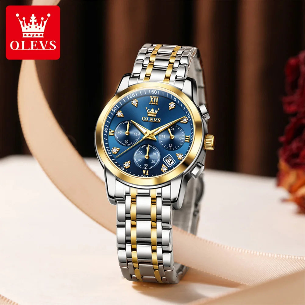 OLEVS 2858 Damenuhr Luxus Wasserdichte Datumsquarzuhr für Damen Diamantskala Chronograph Business Handuhr Stahlarmband