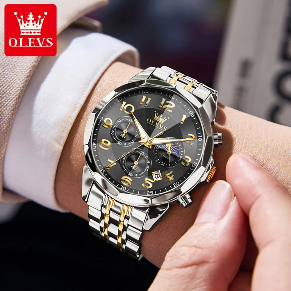 OLEVS 3676 Herrenuhr Top Marke Ziffernskala Quarzuhr für Herren 43mm Großes Zifferblatt Chronograph Wasserdicht Mode Herrenarmbanduhr