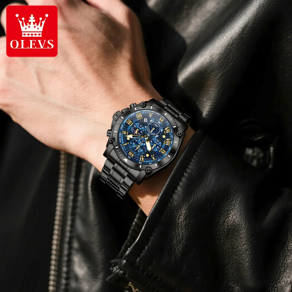 OLEVS 3689 Quarzuhr Herren Mode Original 47mm Großes Zifferblatt Römische Skala Mondphase Uhr Für Herren Kalender Wasserdicht Armbanduhr