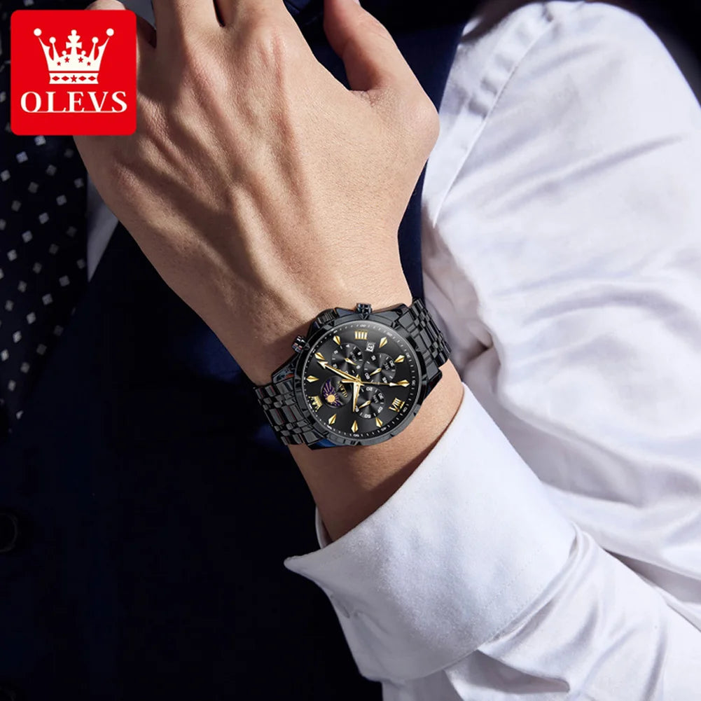 OLEVS 3653 Herrenuhr Original Chronograph Quarz Armbanduhr Stahlband Mondphase Datum Wasserdicht Top Marke Herrenuhr