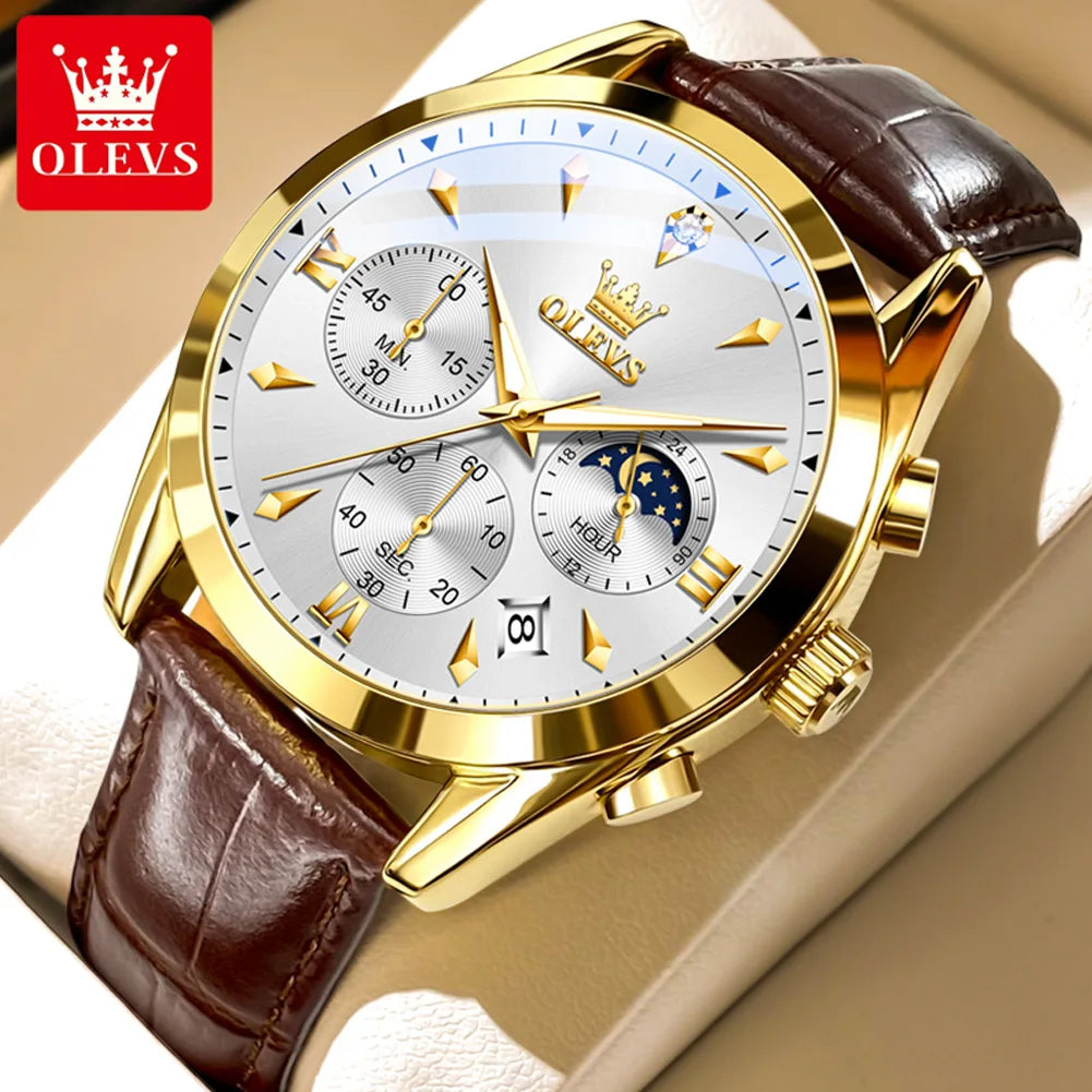 OLEVS 3609 Armbanduhr für Herren, modisch, Kalender, wasserdicht, leuchtend, für Herren, Chronograph, Mondphase, Quarz, Business-Herrenuhren