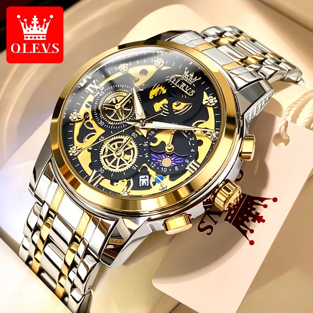 OLEVS 9947 Original Classic Skeleton Quartz Watches For Man Brand Waterproof Stainless Steel Calendar Man Hand Clock Male Watch