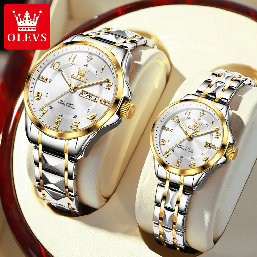 OLEVS 2910 Uhr für Herren und Damen, Luxuriöse Quarz-Paaruhren, Wasserdichte Edelstahl-Armbanduhr mit Diamant-Zifferblatt