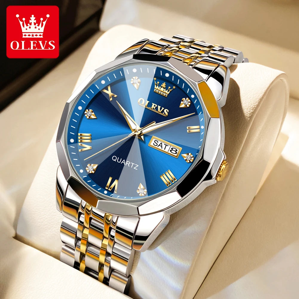 OLEVS 9931 Quartz Watch For Men Rhombus Mirror Waterproof Luminous Stainless Steel Wrist Watches Dual Calendar Man Hand Clock