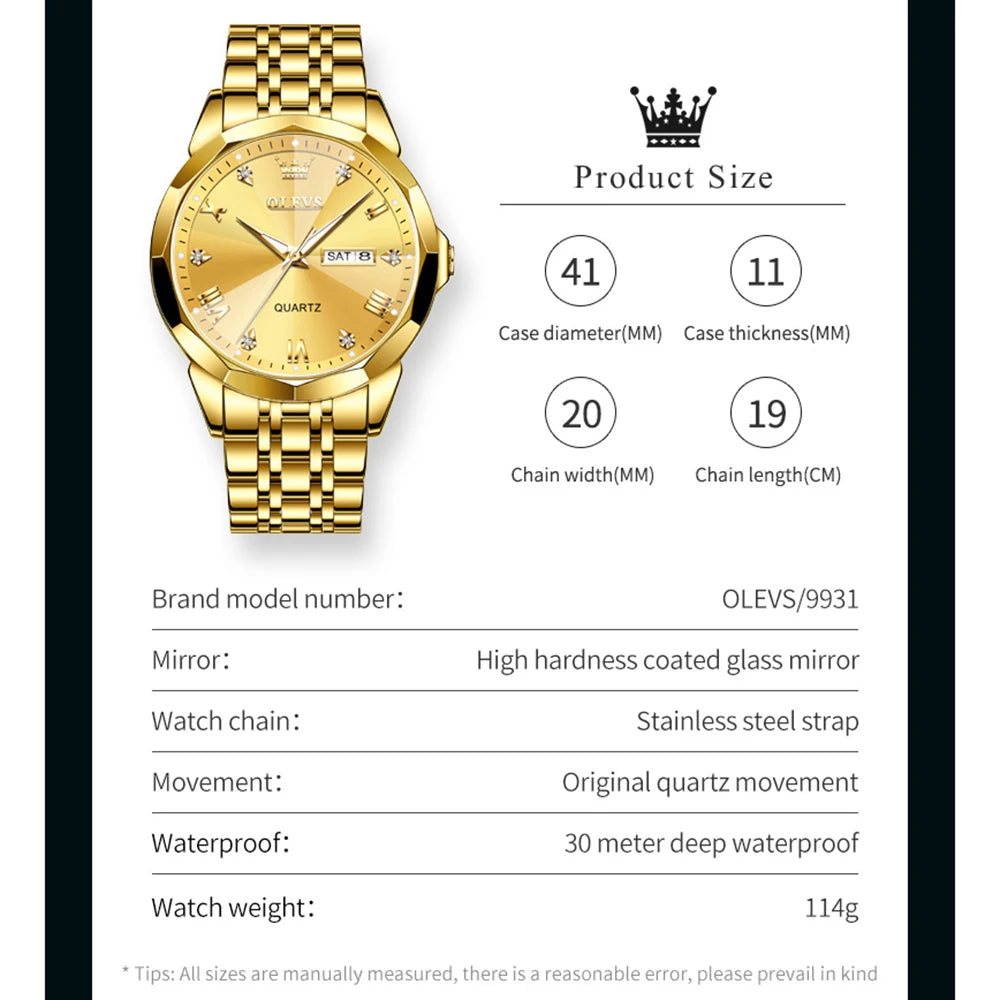 OLEVS 9931 Quartz Watch For Men Rhombus Mirror Waterproof Luminous Stainless Steel Wrist Watches Dual Calendar Man Hand Clock