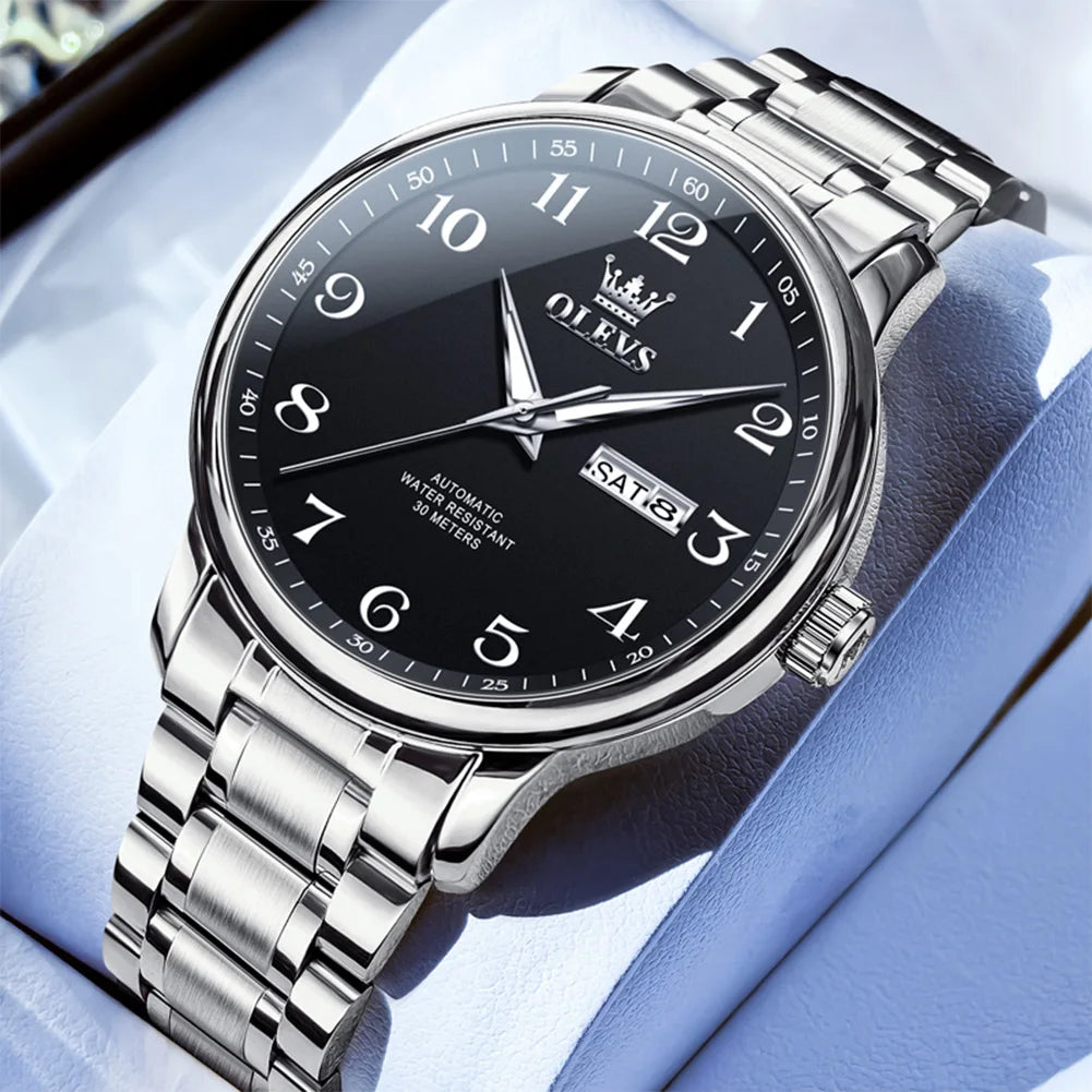 OLEVS 7072 Mens Watch Fashion Original Mechanical Watches For Men Dual Calendar Waterproof Business Automatic Hand Clock