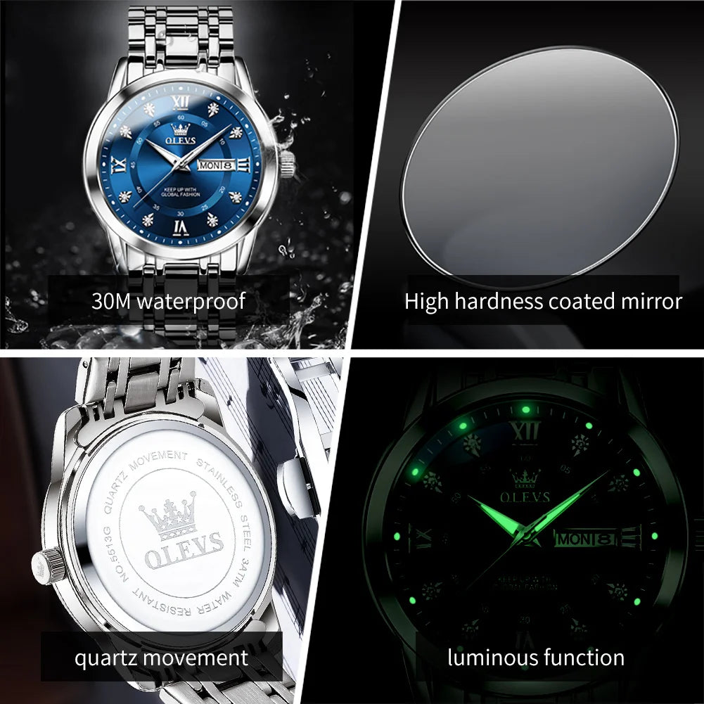 OLEVS 5513 Armbanduhr Herren Dual-Kalender Mode Quarzuhr Für Männer Diamant-Skala Edelstahl Luxus Herren Armbanduhr Wasserdicht