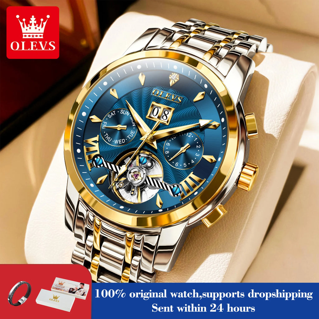 OLEVS 9965 Automatic Watch For Men Skeleton Flywheel Waterproof Men's Watches Week Calendar Luxury Man Mechanical Wristwatch