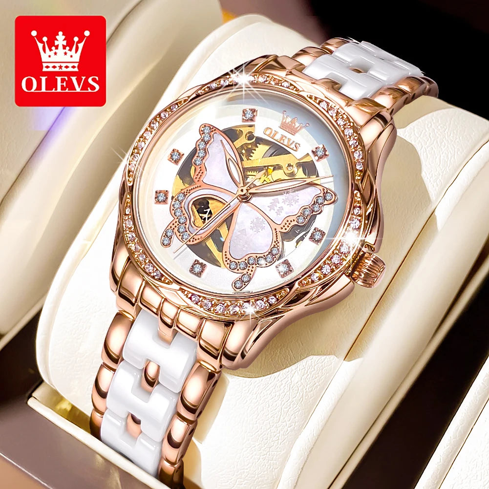 OLEVS 6622 Watch For Women Butterfly Dial Luxury Mechanical Woman Watch Waterproof Luminous Diamond Ladies Automatic Hand Clock