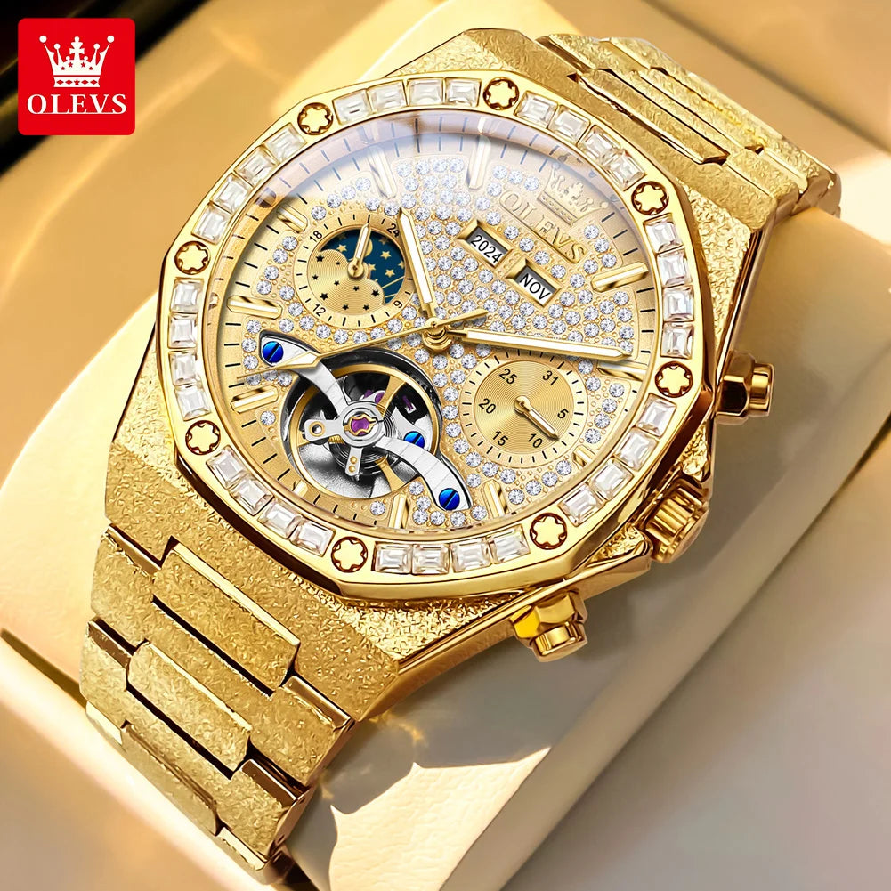 OLEVS 9805 Men Watch Luxury Classic Hollow Skeleton Diamond Waterproof Man Hand Clock Moon Phase Date Mechanical Watch For Men