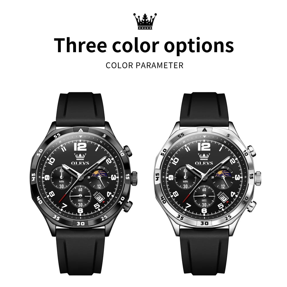 OLEVS 2986 Herrenuhr 42MM Mondphase Datum Quarzuhr für Herren Ziffernskala Wasserdichtes Silikonarmband Uhr Original