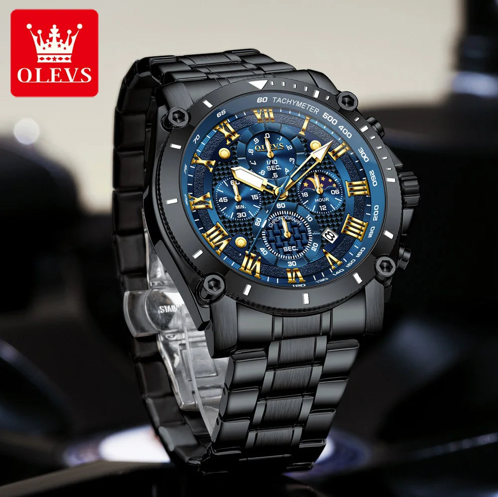 OLEVS 3689 Quarzuhr Herren Mode Original 47mm Großes Zifferblatt Römische Skala Mondphase Uhr Für Herren Kalender Wasserdicht Armbanduhr