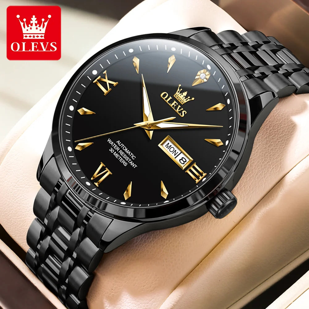 OLEVS 9956 Man Watch Steel Strap Luxury Mechanical Watch For Men Original Fashion Waterproof Automatic Hand Clock Dual Calendar