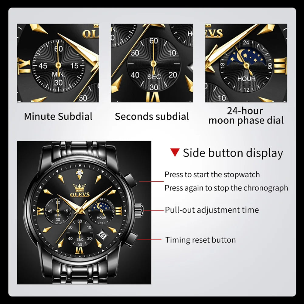 OLEVS 3639 Luxus Herrenuhr Top Marke Mondphase Chronograph Quarzuhr für Herren Automatisches Datum Mode Wasserdicht Herrenuhr