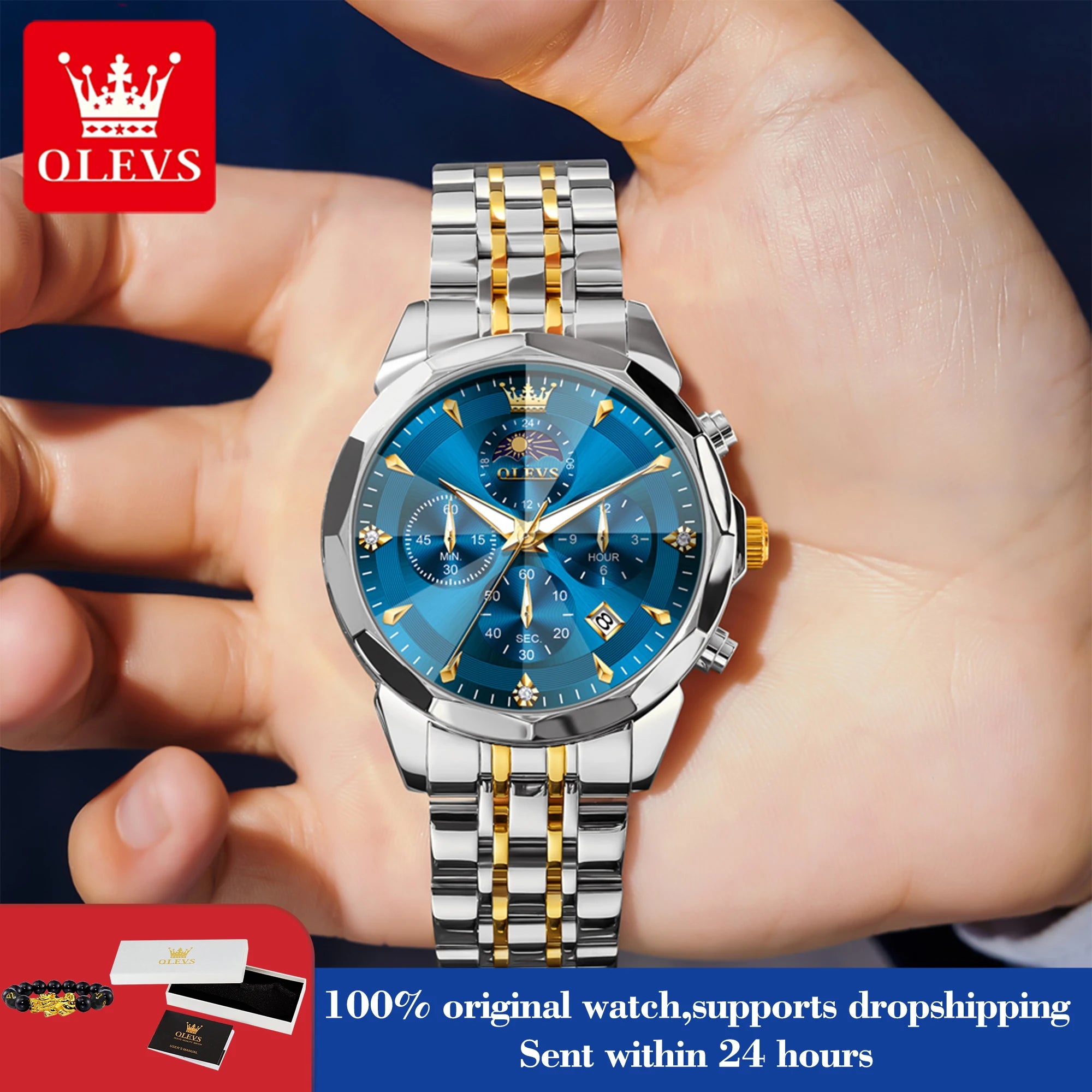 OLEVS 3673 Herrenuhr Mode Chronograph Quarzuhr für Herren 43mm großes Zifferblatt Mondphase Kalender Wasserdicht Original Armbanduhr