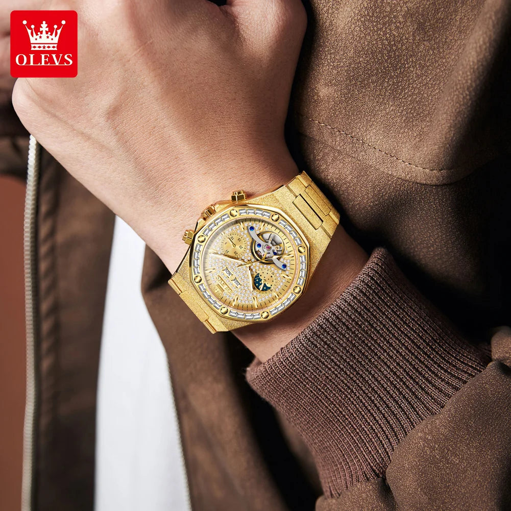 OLEVS 9805 Men Watch Luxury Classic Hollow Skeleton Diamond Waterproof Man Hand Clock Moon Phase Date Mechanical Watch For Men