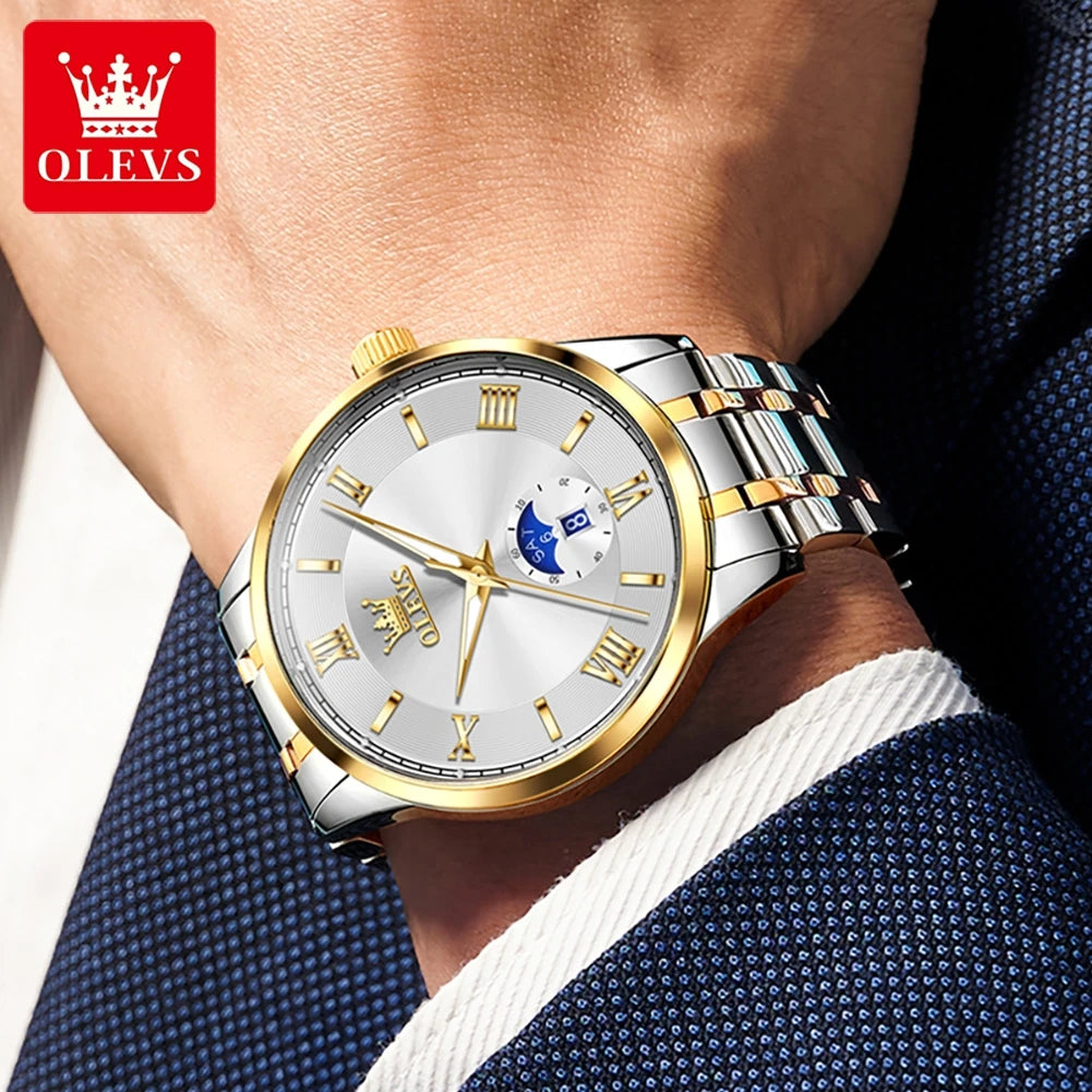 OLEVS 3638 Uhr für Herren, Business, wasserdicht, leuchtend, römische Skala, Mode-Quarz-Armbanduhr, Wochentags- und Datumsanzeige, Original-Herrenuhr