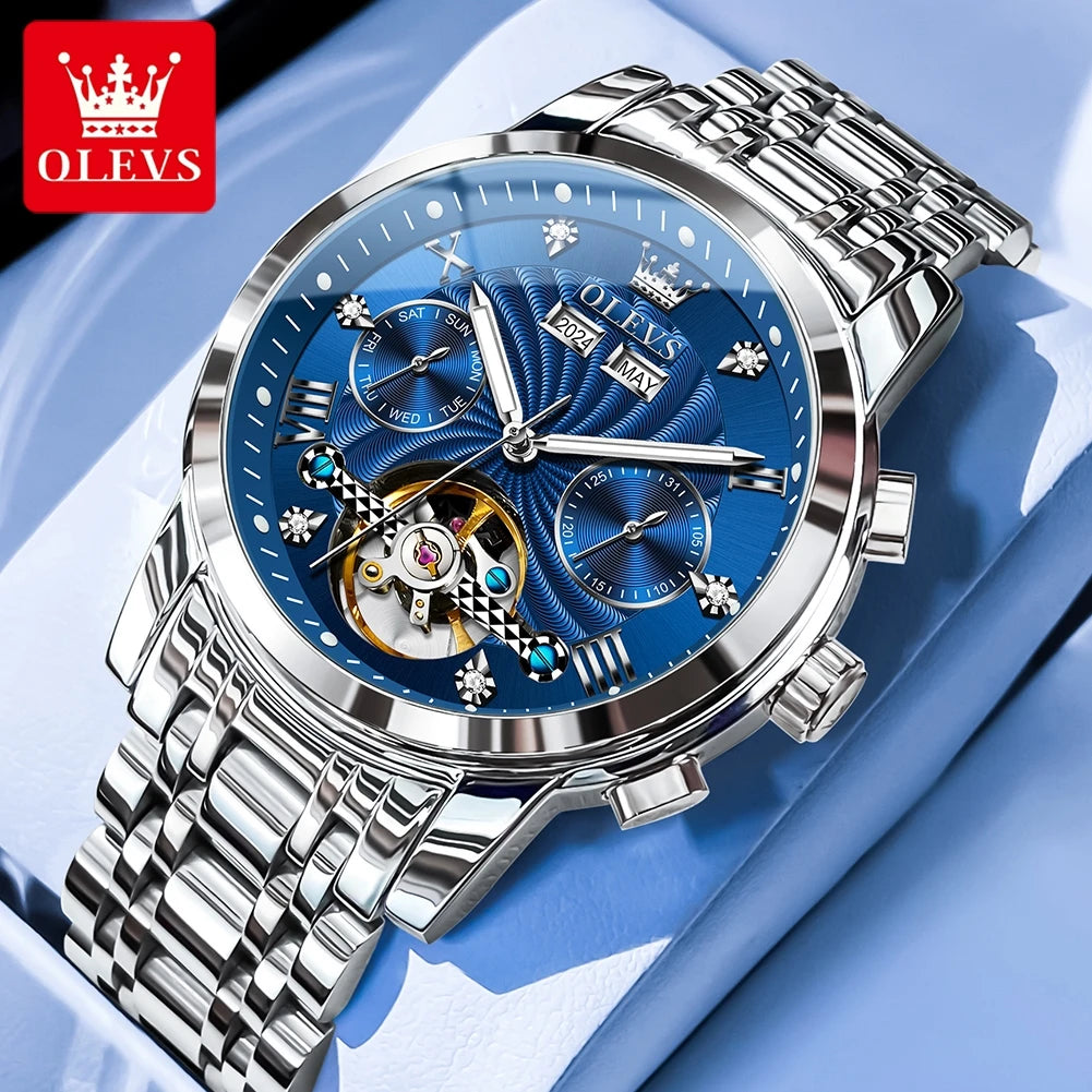 OLEVS 7088 Men's Watch Fashion Calendar Mechanical Watch For Men Original Hollow Steel Strap Business Wristwatch Deep Waterproof