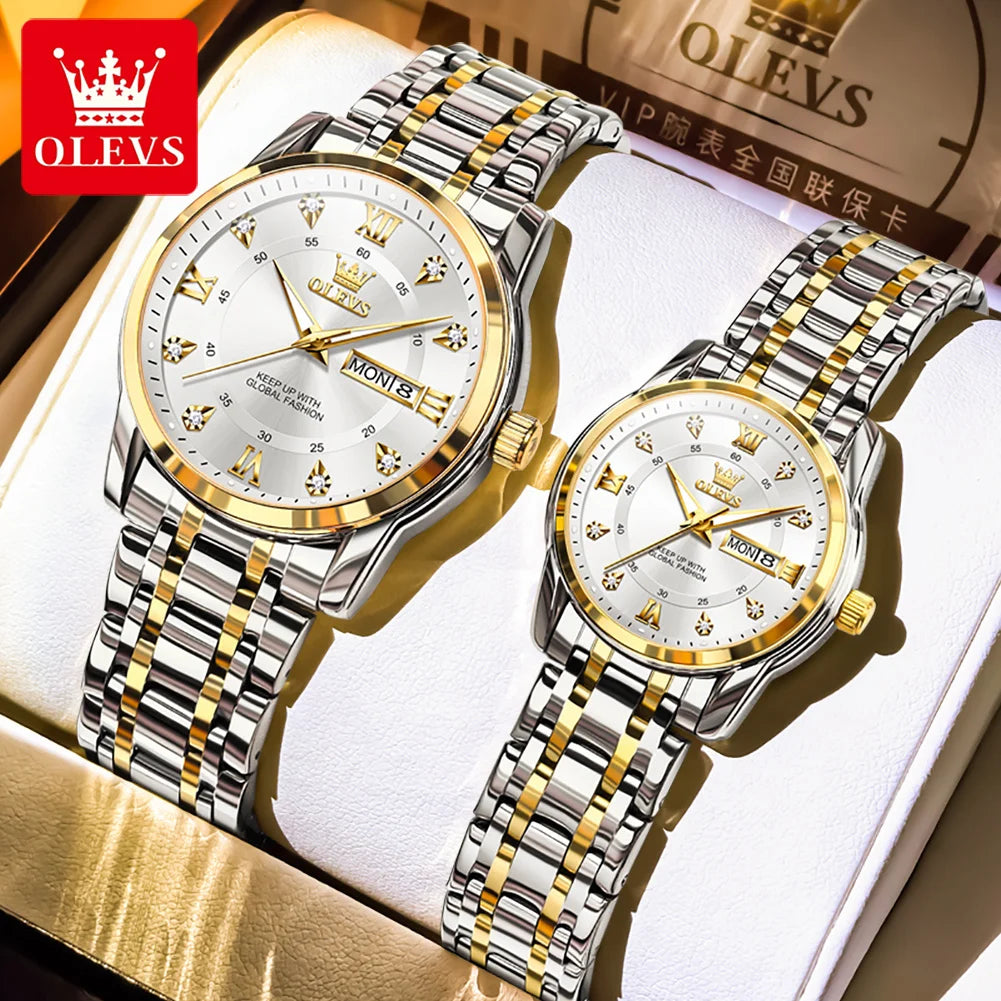 OLEVS 5513 Paar Uhren Luxus Dual-Kalender Quarzuhren für Männer Frauen Original Wasserdicht Leuchtende Diamant-Skala Zeigeruhr
